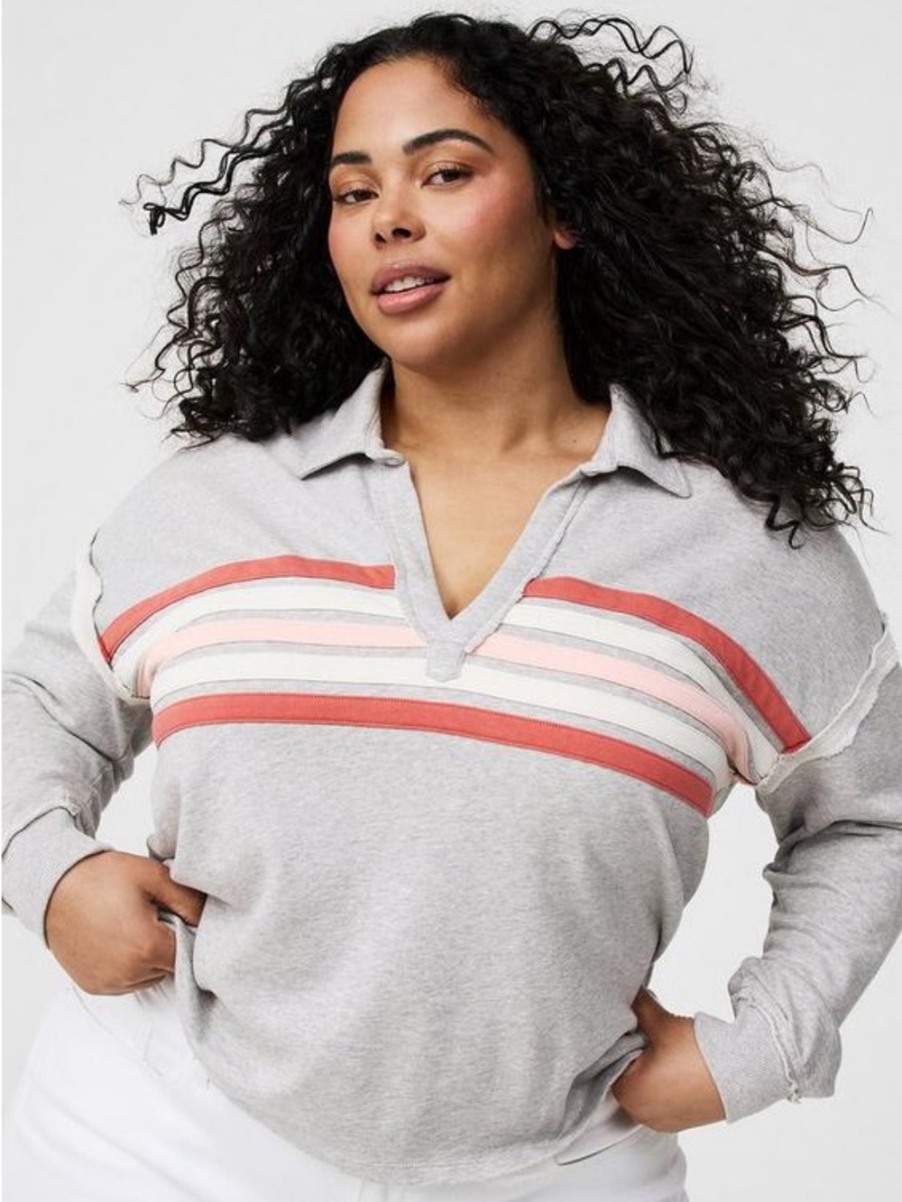 Torrid 3X Collared Striped V-Neck Pullover Sweatshirt Grey Loungewear Cotton